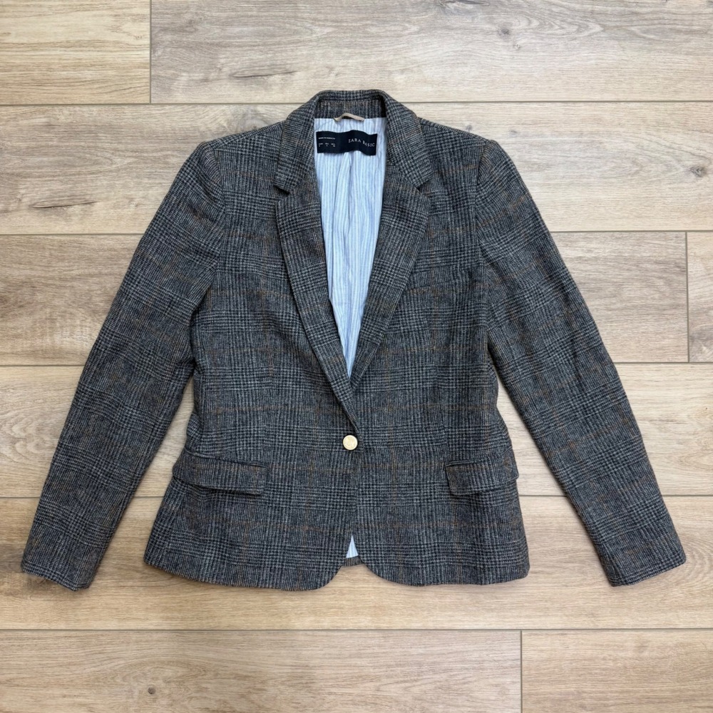 Zara Womens Grey Plaid Wool Tweed Blazer Elbow Patches Scoolboy Academia L